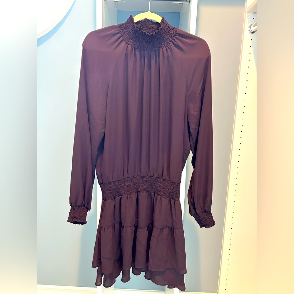 Krisa dress. Long sleeve, ruffle neck. Size large. Plum/brownish color. Adorable